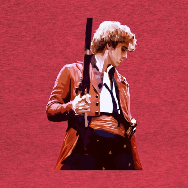 Painting of Enjolras standing with a gun by byebyesally
